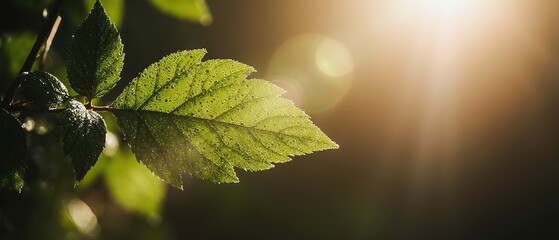 Sunlit forest leaf with morning dew droplets, showcasing vibrant green textures up close.