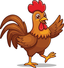 Cartoon rooster character, cheerful farm animal, dancing chicken pose, red comb, expressive eyes, kids content, animated style, fun poultry illustration