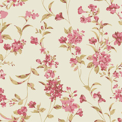 Obraz premium Big flower,Seamless watercolor floral pattern, flowers elements, green leaves branches on dark black background; for wrappers, wallpapers, postcards, greeting 