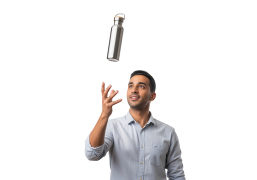 Man Tossing a Reusable Water Bottle Isolated on White
