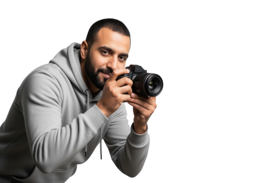 Young Photographer with DSLR Camera on White Background