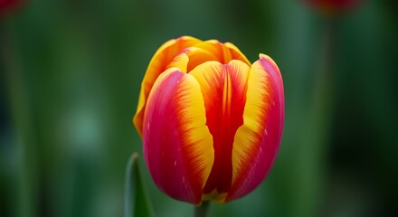Vibrant red and yellow tulip bloom against a soft green background