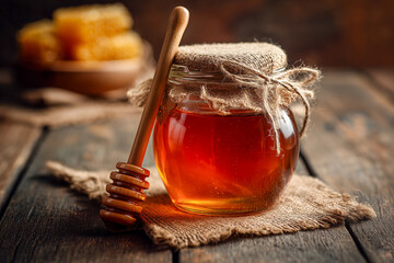 honey jar with wooden dipper on rustic kitchen table