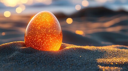 An orange egg surrounded by sand and reflecting light 
