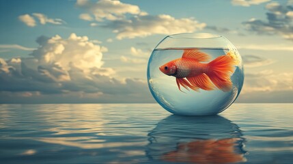 An orange betta fish in a glass bowl against a sky background