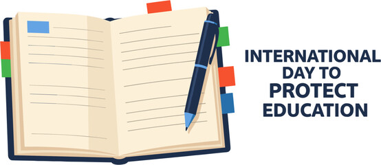An illustrated image promoting the International Day to Protect Education, featuring a notebook, pen, and colorful bookmarks.
