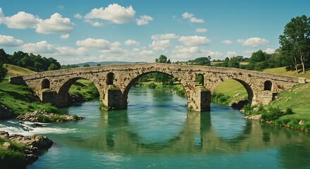Fototapeta premium Stone bridge over a river under a blue sky with fluffy clouds