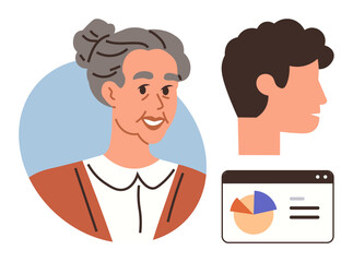 Elderly woman smiling, young man in profile, and pie chart with data dashboard. Ideal for demographics, generational studies, data analysis, education, research, diversity health simple flat