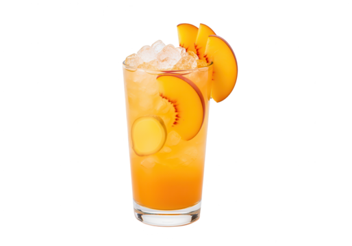 Refreshing Peach Cocktail with Ice and Peach Slices on White Background