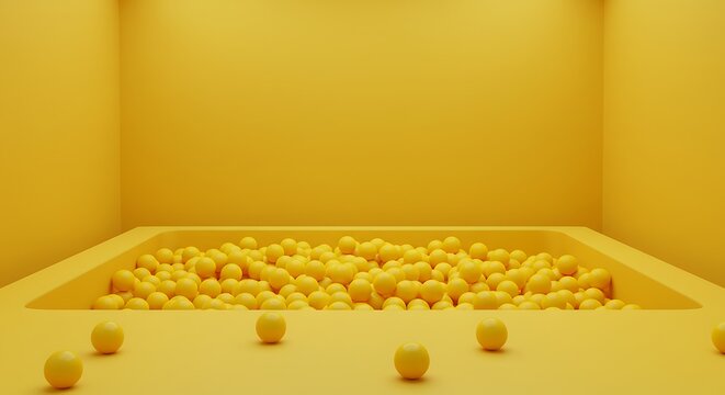 Yellow ball pit in a bright room abstract modern illustration 3 d render
