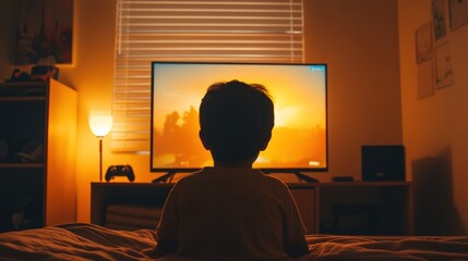 Fototapeta premium A child watches a glowing TV screen in a cozy room, illuminated by soft light, creating a warm and inviting atmosphere.