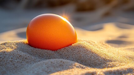An orange egg surrounded by sand and reflecting light 