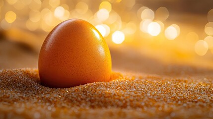 An orange egg surrounded by sand and reflecting light 