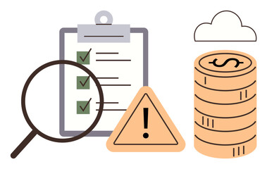 Magnifying glass inspecting checklist with green checks, triangular warning sign, coin stack with dollar symbol, and a cloud. Ideal for business, safety, finance, analysis, security data management