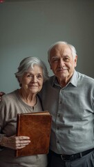 Elderly couple holding photo album and smiling in cozy indoor setting, with copy space