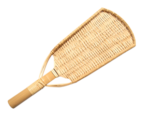 Isolated photograph of a handmade wicker fly swatter; a rustic and eco-friendly tool for pest control.