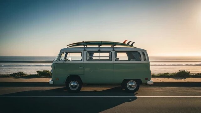Vintage van parked seaside, surfboards on roof, sunset
