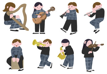 いろんな楽器を演奏する人たちの手描きカラーイラストセット
