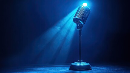 Blue spotlight illuminating a stage with a microphone 