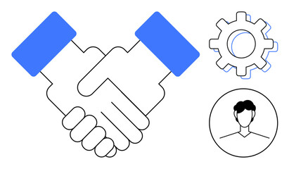 Handshake symbolizing teamwork, gear for operational processes, and profile icon for individual involvement. Ideal for business, partnership, teamwork, cooperation, human resources, networking