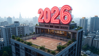 Rooftop basketball court with the year 2026 in large red numbers urban cityscape background future event concept