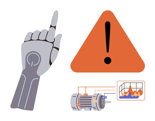 Robotic hand gesturing with warning sign, engine diagram, and data graph indicating technical alert. Ideal for technology, automation, robotics, engineering, problem-solving, innovation safety