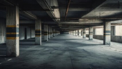 Empty Concrete Parking Garage With Rows of Pillars and Natural Light.
