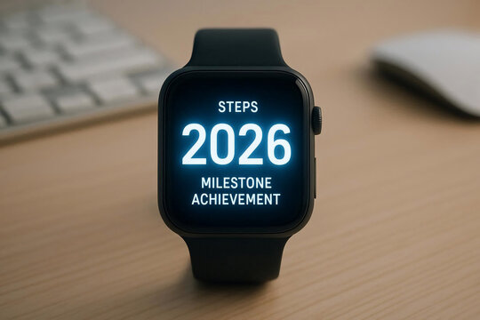 Smart watch display showing 2026 steps milestone achievement wearable technology on on a desk health tracking concept - Powered by Adobe