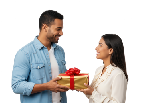 Happy Couple Exchanging Gift on White Background