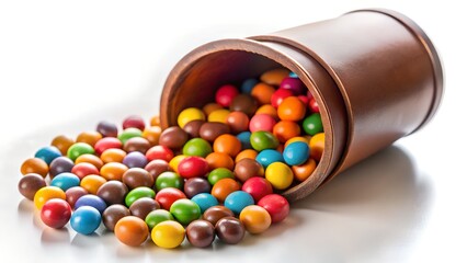 Colorful candy spilling from a brown container