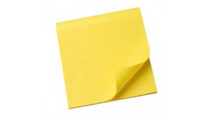 Bright yellow sticky note shows curled edge isolated on transparent background