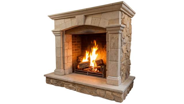 Cozy fireplace with roaring flames providing warmth in a stylish stone isolated on transparent background