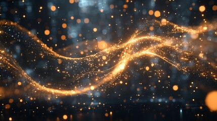 Golden wave particles, dark background, abstract, design