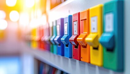 Electrical Breaker Panel with Multiple Colored Switches Closeup in Sunshine