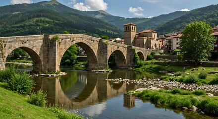 Stone bridge spanning a river in a scenic mountain landscape reflection