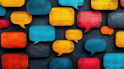 Brightly colored speech bubbles of various shapes, creating an engaging backdrop
