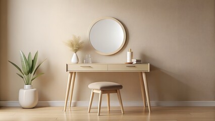 Dressing table with mirror, stool, and plant