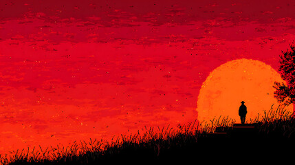 Naklejka premium Pixel Art Silhouette of a Man Walking into a Red Sunset