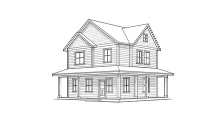 Architectural line drawing of a two story residential house on white background