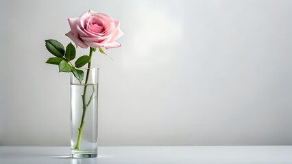Fototapeta premium Single pink rose in a glass vase on white background