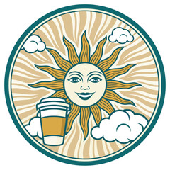 A cartoon sun holding a coffee cup with clouds and sun rays.