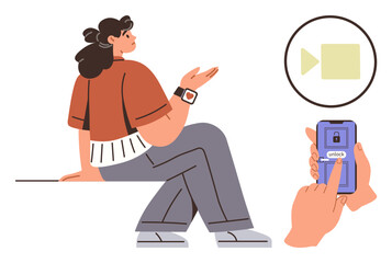Woman sitting, gesturing during a conversation. Hands holding a smartphone unlocking with security keypad. Video call icon shown. Ideal for communication, technology, remote work, safety, digital