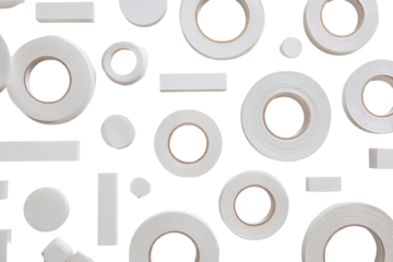 Assorted white rolls and shapes on transparent background