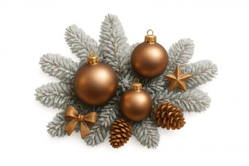 Decorating christmas tree with frosted fir branches, matte copper baubles, pinecones, star, and bow on transparent background