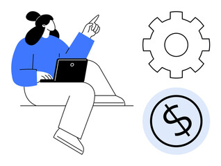Woman sitting with a laptop, pointing upwards, next to a gear and a dollar sign, symbolizing technology, finance, and innovation. Ideal for business, strategy, tech finance management