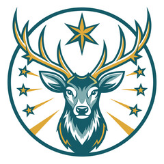 A stylized illustration of a deer's head with antlers in a circular frame.