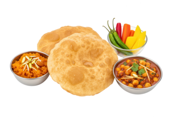 Classic Indian Breakfast: Chole Bhature, Halwa, and Vegetables on White