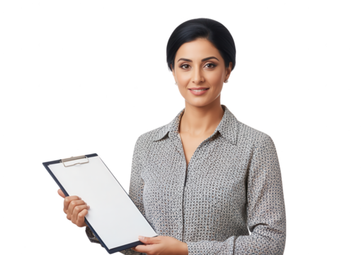 Professional Woman Holding Blank Clipboard - Ready for Your Text