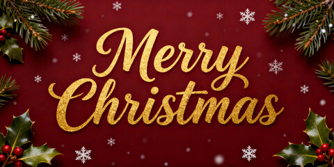 Festive Merry Christmas text with holly and pine on red background