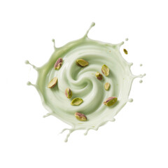 Vibrant Pistachio Milk Splash with Pistachios on White